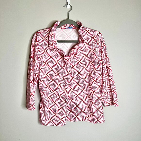J. McLaughlin Ruffle Neck Catalina Cloth Geometric Print Pink Preppy Top Sz L - Picture 1 of 4
